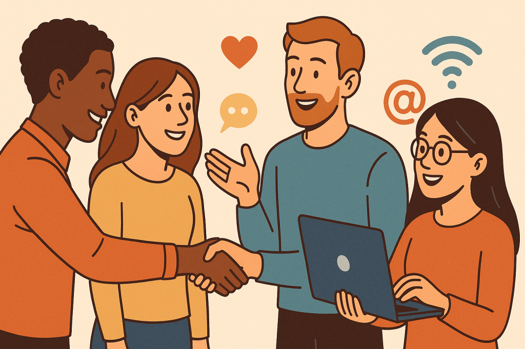 The Art of Connection: Cartoon-style illustration of four diverse people interacting warmly, including a handshake and conversation, with digital icons like chat bubbles and Wi-Fi in the background, symbolizing connection in a digital world.