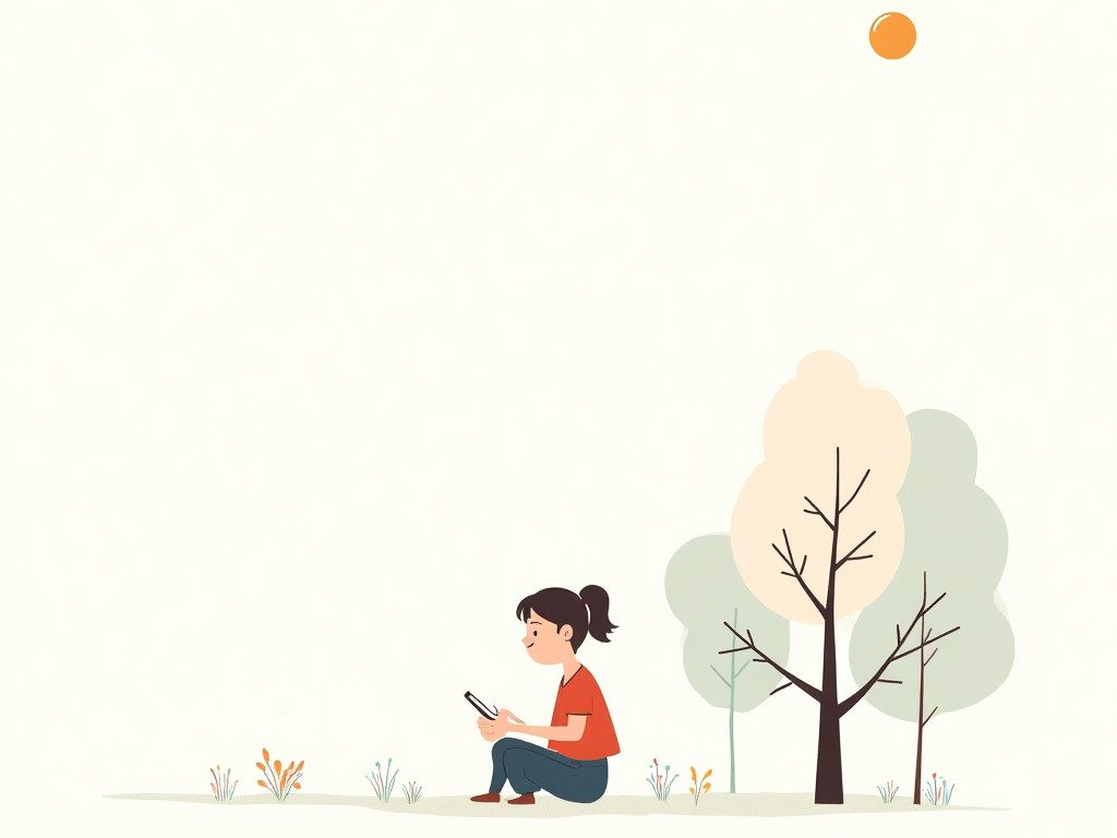 A minimalistic cartoon of a person journaling outdoors with a white-dominant background, symbolizing reflection and personal growth.