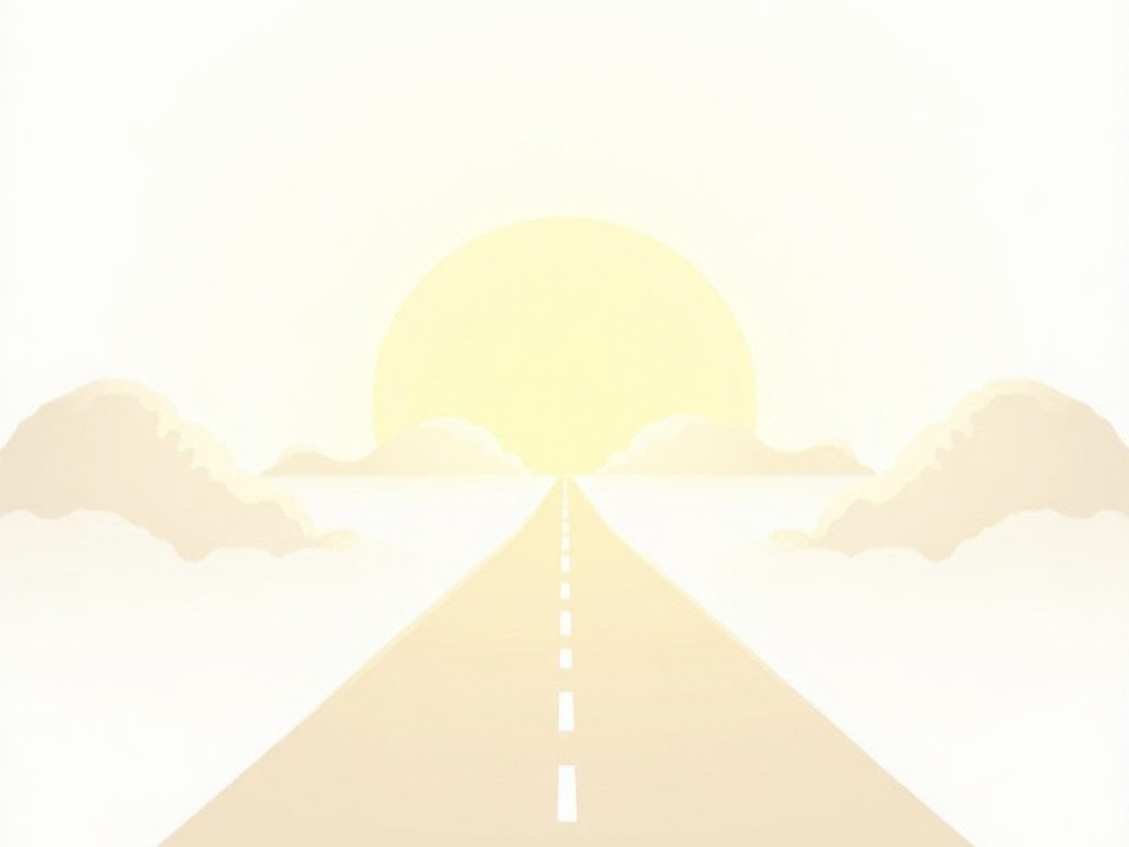 A minimalistic cartoon showing an open road leading into a sunrise with a white-dominant background, symbolizing limitless opportunities beyond obstacles.