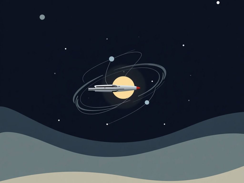 Minimalistic abstract horizontal artwork representing the Apollo 13 mission with a stylized spacecraft and lines symbolizing teamwork under pressure.