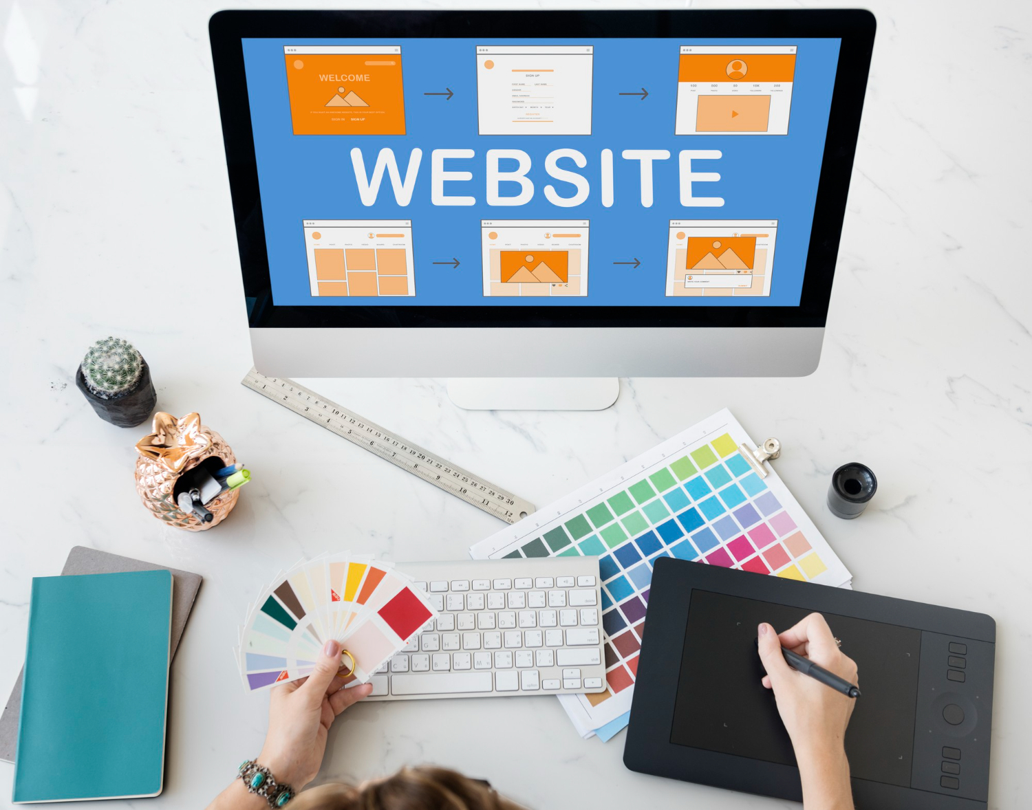 Visual instructions for building a business website, highlighting essential tools and strategies for online presence.