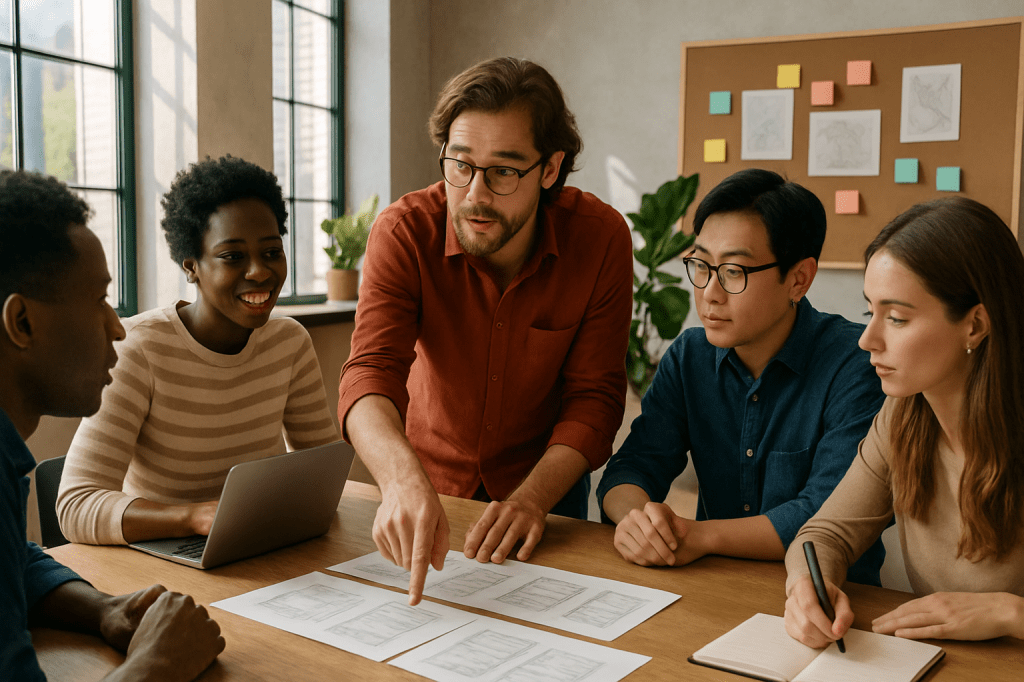 Creative Control in Collaborative Team Projects - chvekly - A diverse team of creative professionals working together around a table in a sunlit studio. One person points at sketches while others engage in discussion, symbolizing collaboration and creative leadership.