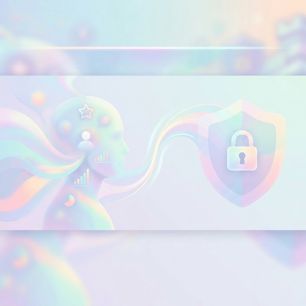 Digital profile silhouette with personalized data icons on left and secure data protection icons on right